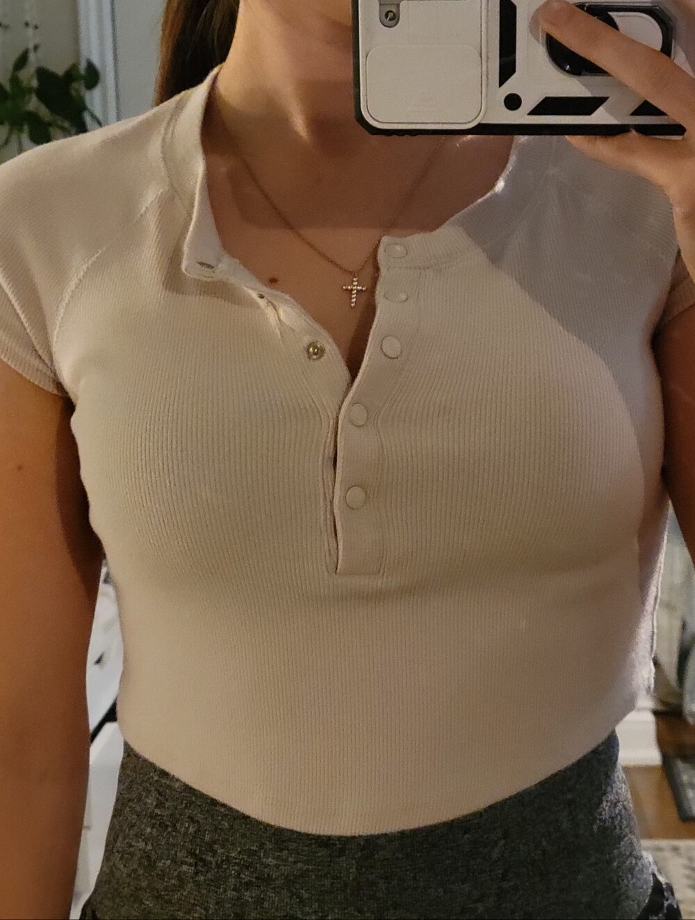 Garage Cream Ribbed Snap-Button Crop Top - Picture 2 of 4